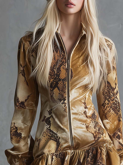 Vintage Fashion Lapel Front Zipper Ruffled Hem Snakeskin Print Gold Velvet Mini Dress