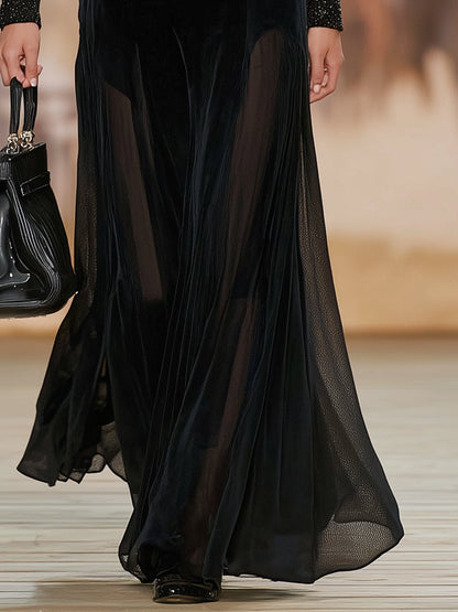 Stylish And Elegant Black Velvet And Chiffon V-neck Lace Maxi Dress