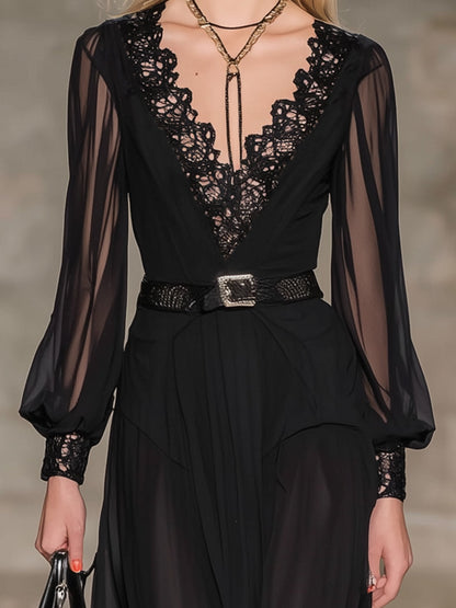 Stylish And Classic Black Chiffon And Lace Maxi Dress