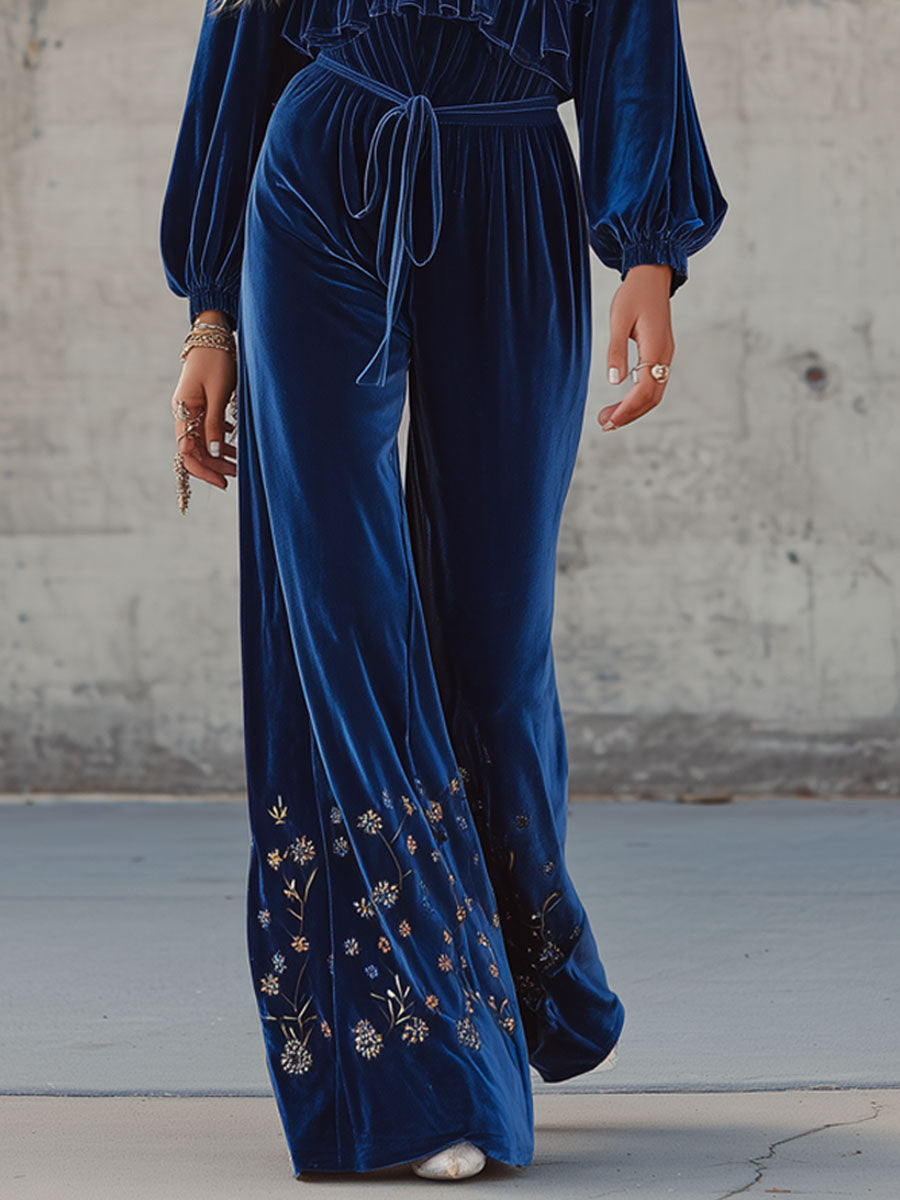 Western-style V-neck Ruffled Floral Embroidered Velvet Jumpsuit