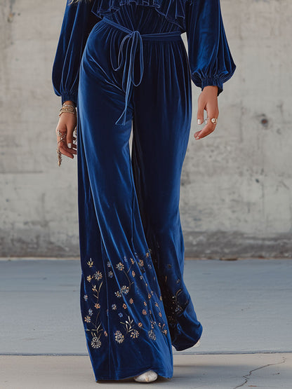 Western-style V-neck Ruffled Floral Embroidered Velvet Jumpsuit