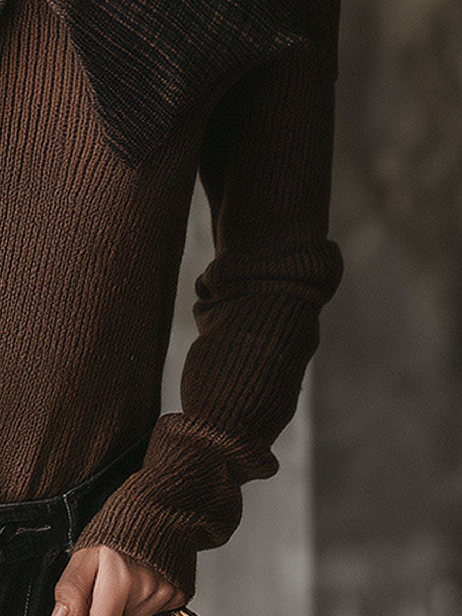 Stylish Retro Plaid Collared Wide-strap Brown Off-the-shoulder Knit Shirt