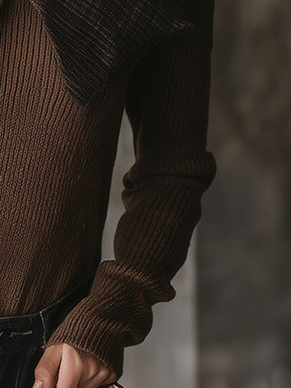 Stylish Retro Plaid Collared Wide-strap Brown Off-the-shoulder Knit Shirt