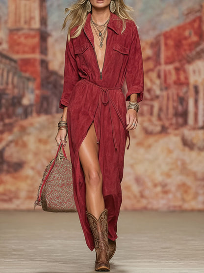 Western-style Lapel Double Pocket Drawstring Faux Suede Maxi Dress