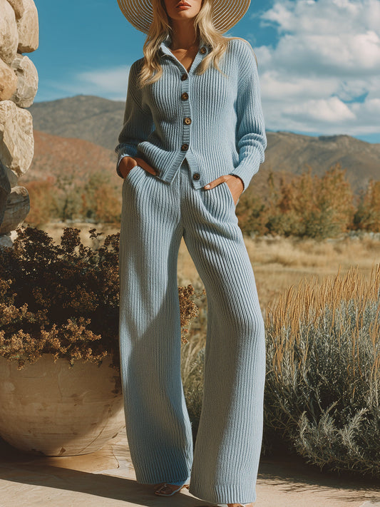 Stylish And Casual Light Blue Knitted Cardigan And Trousers Set