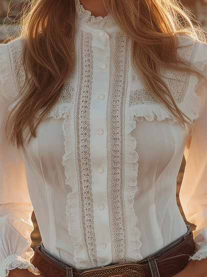 Western-style White Lace Button-down Shirt