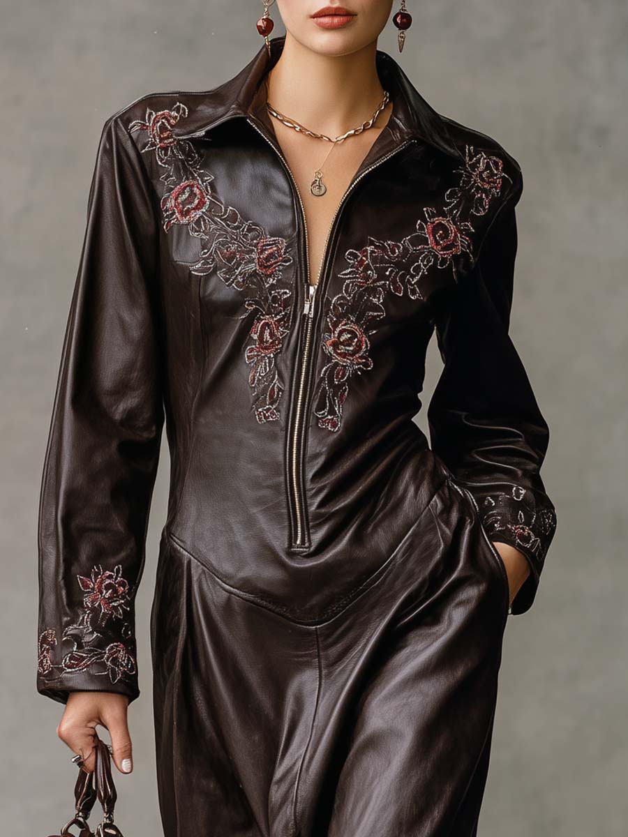 Vintage Western Embroidered Lapel Front Zipper Dark Brown Leather Midi Dress