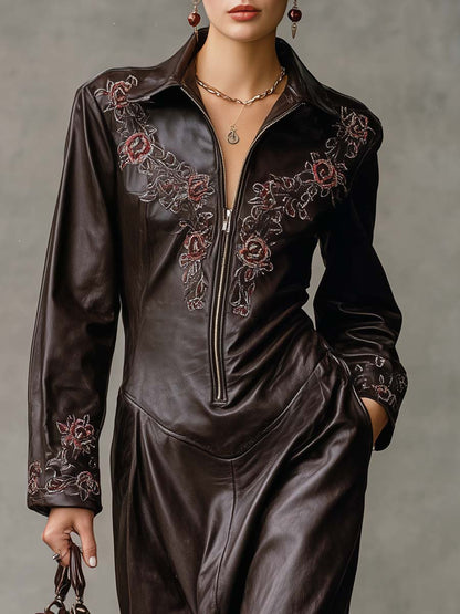 Vintage Western Embroidered Lapel Front Zipper Dark Brown Leather Midi Dress