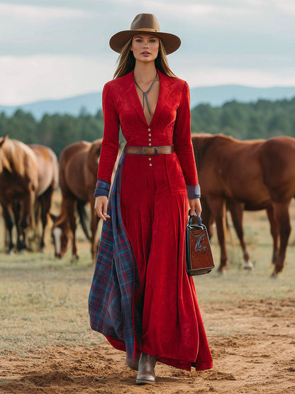 Western-style Red Faux Suede Patchwork Plaid Maxi Dress