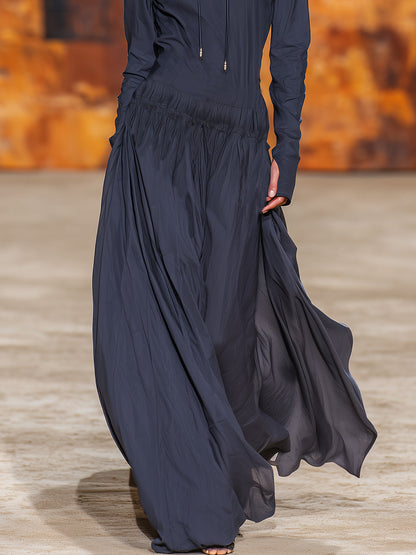 Casual Retro High-neck Dark Blue Hooded Sporty Maxi Dress