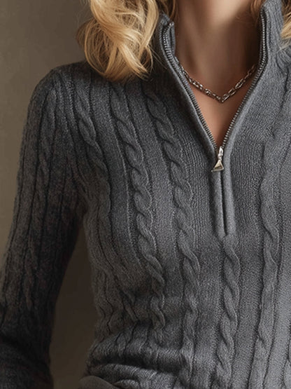 Urban Sporty Grey Half-zip Cable Knit Slim Fit Sweater