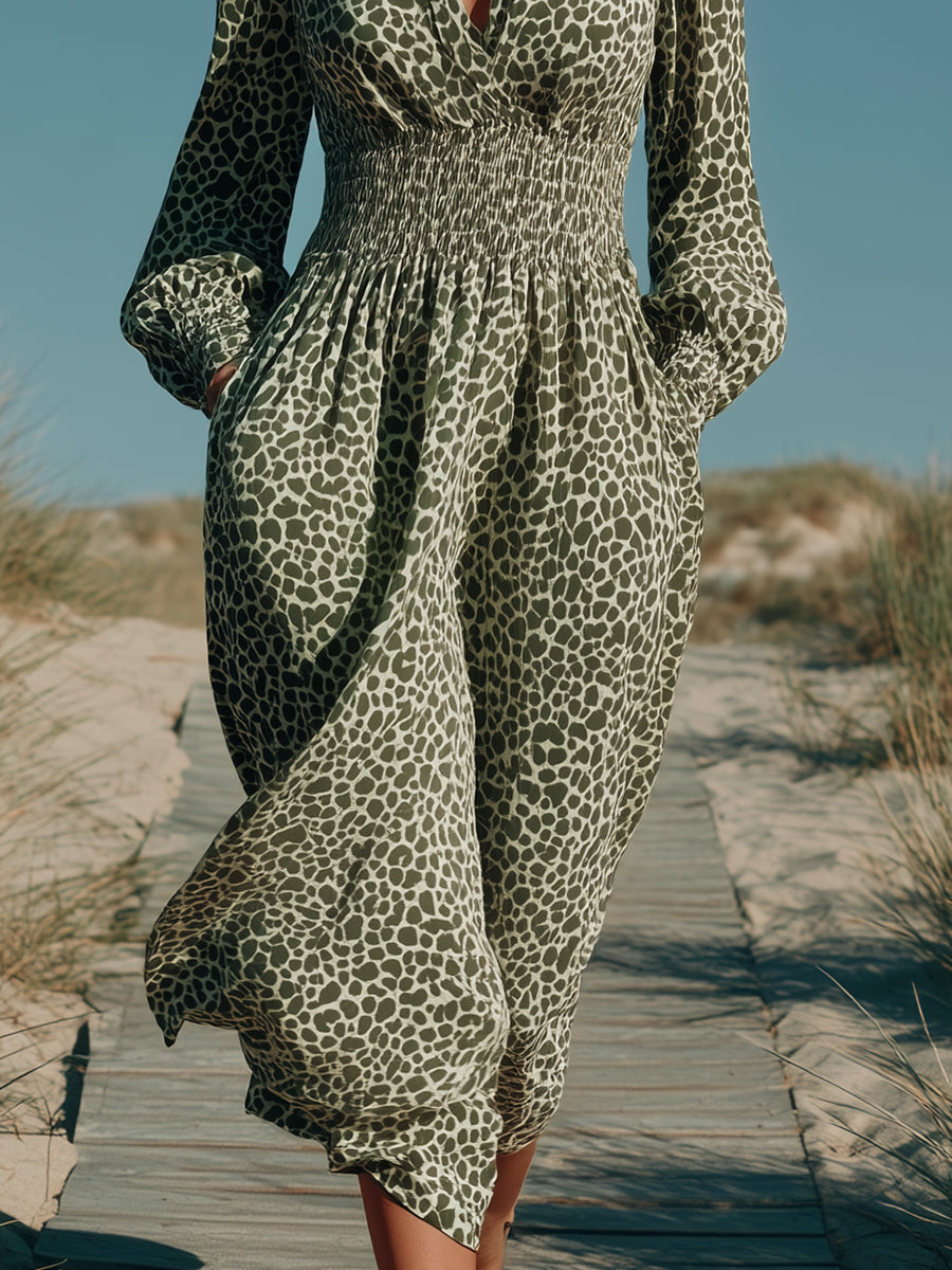 Stylish Vacation Green Leopard Print Fitted Midi Dress