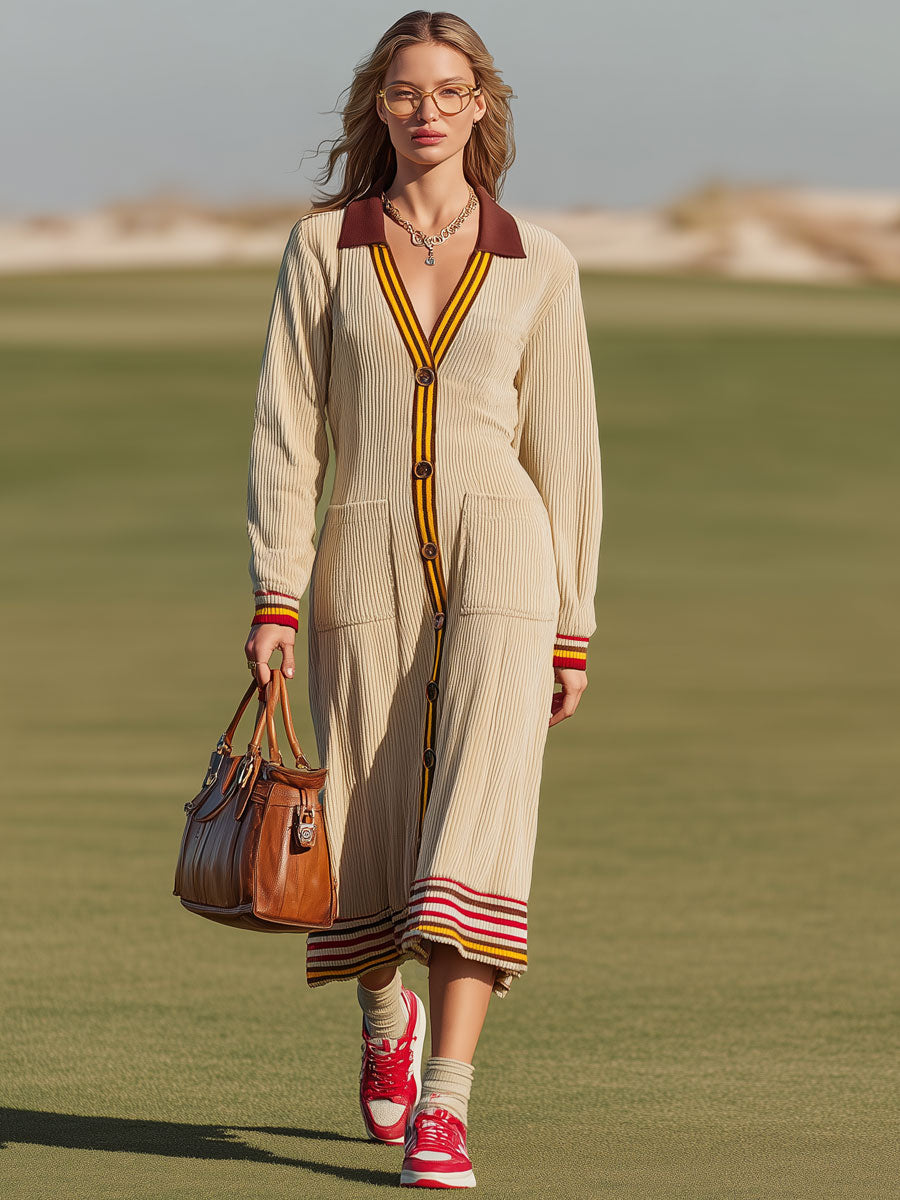 Sporty Retro Striped Trim Light Khaki Corduroy Long-sleeved Midi Dress