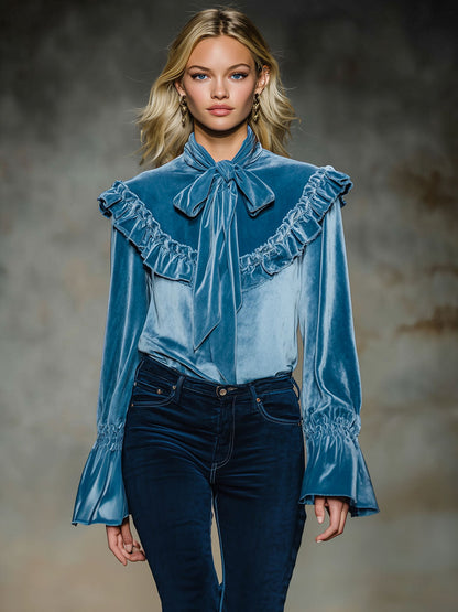 Bow Tie Ruffle Velvet Long-sleeved Shirt