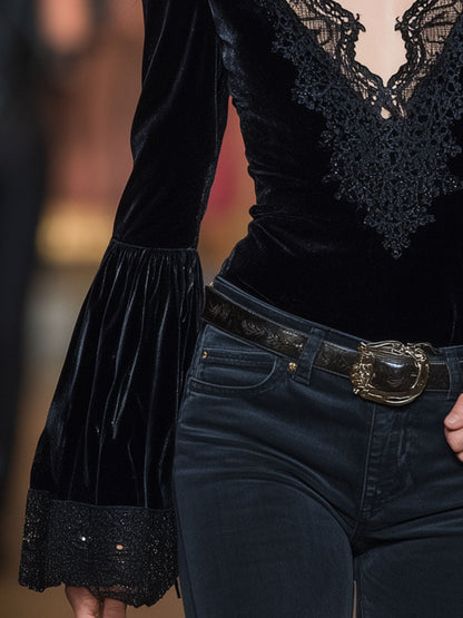 Western Black Velvet Patchwork Lace V-Neck Flared Sleeve Shirt