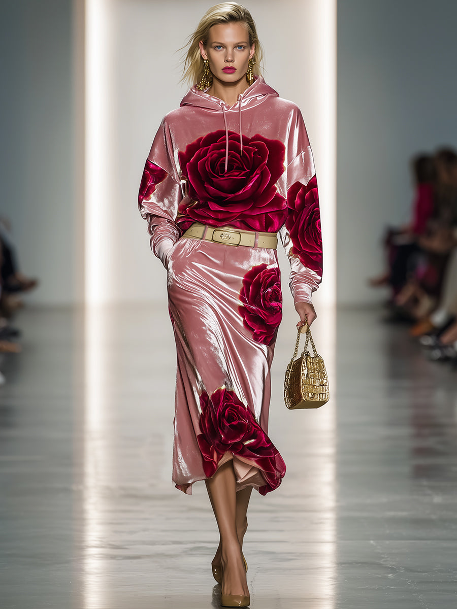 Casual And Stylish Rose Print Pink Velvet Hooded Midi Dress