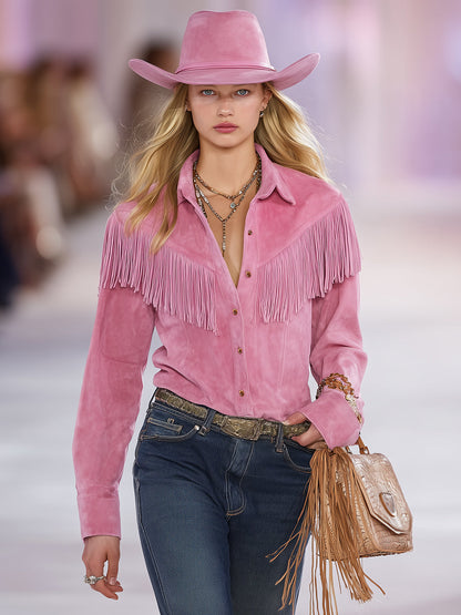 Casual Retro Collared Pink Faux Suede Tassel Shirt