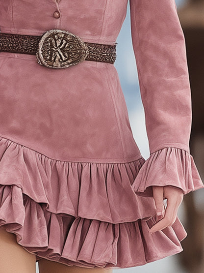Western-style Pink Faux Suede Shirt Collar Ruffled Mini Dress
