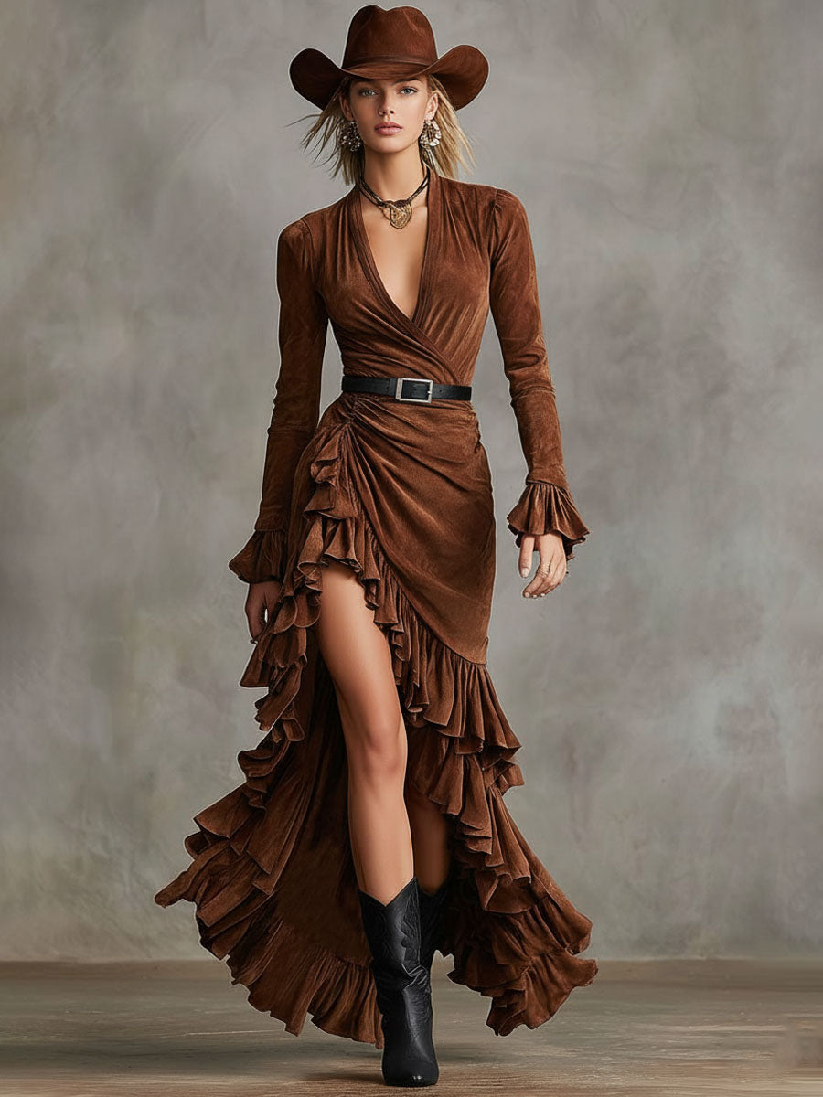 Western-style V-neck Ruffled Faux Suede Maxi Dress