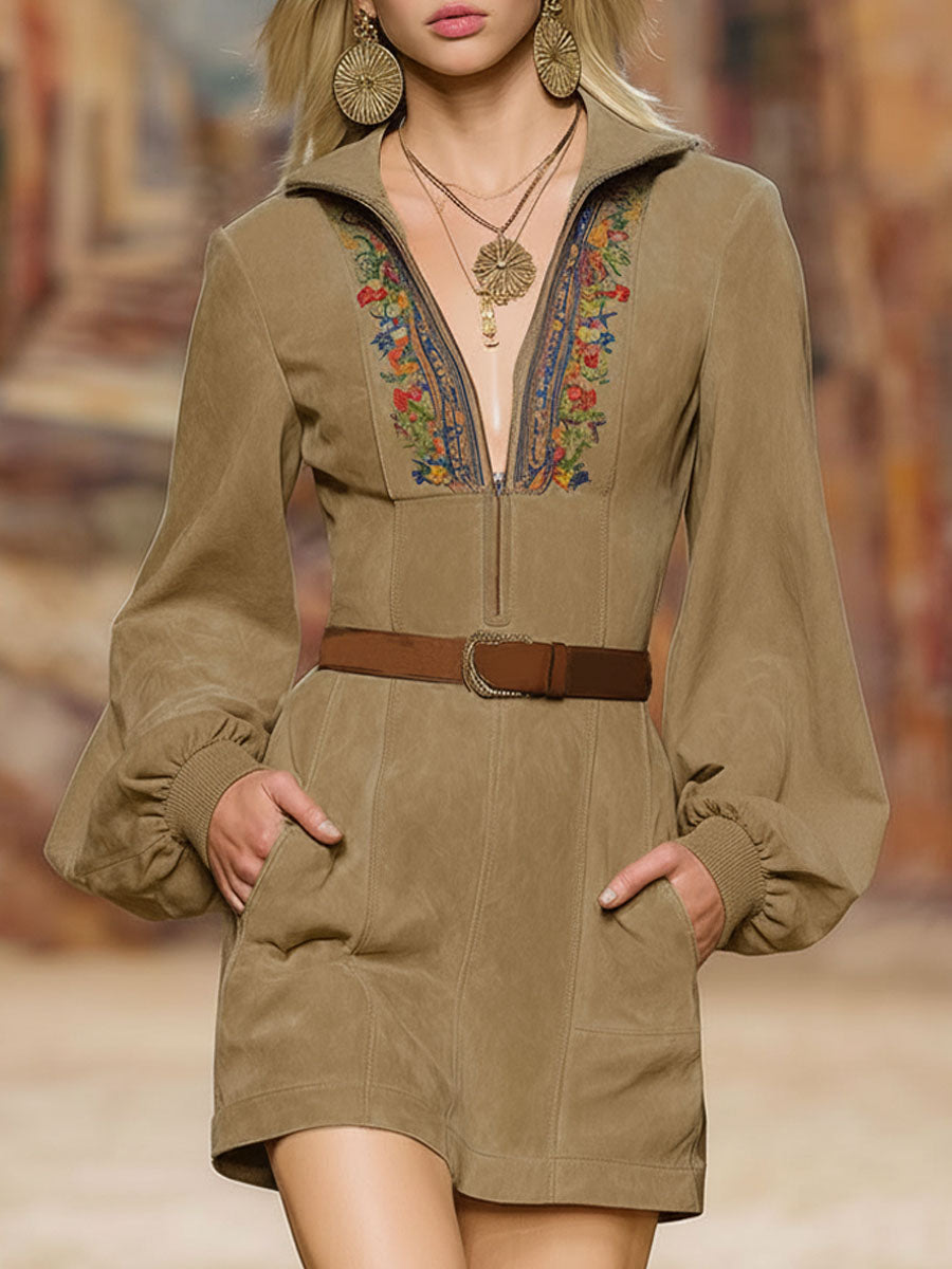 Western-style Floral Embroidered Lapel Zipper Faux Suede Long-sleeved Mini Dress