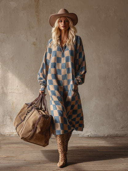 Stylish And Casual Blue-beige Checkered Faux Suede Midi Dress