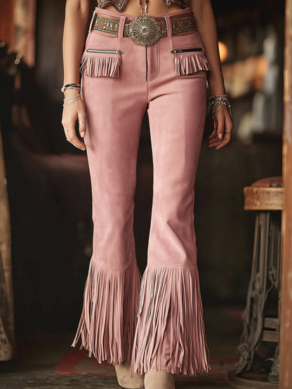 Western-style Pink Faux Suede Patchwork Tassel Pocket Zipper Trousers