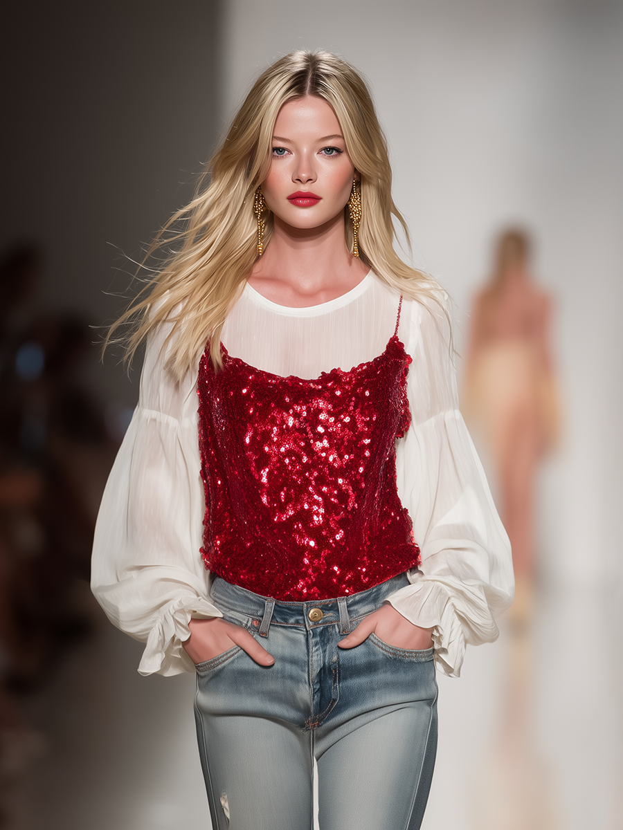 Stylish And Elegant Chiffon Blouse And Sequined Camisole Two-piece Set