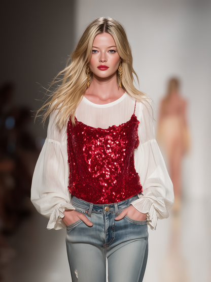 Stylish And Elegant Chiffon Blouse And Sequined Camisole Two-piece Set