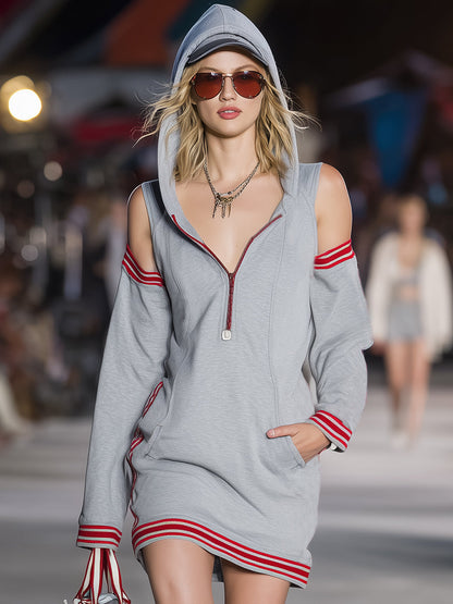 Casual And Stylish Red Striped Gray Hooded Off-shoulder Sporty Mini Dress