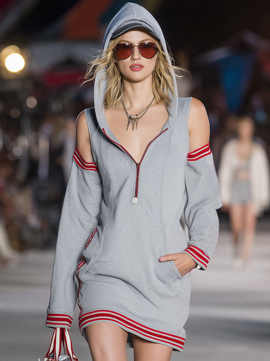 Casual And Stylish Red Striped Gray Hooded Off-shoulder Sporty Mini Dress