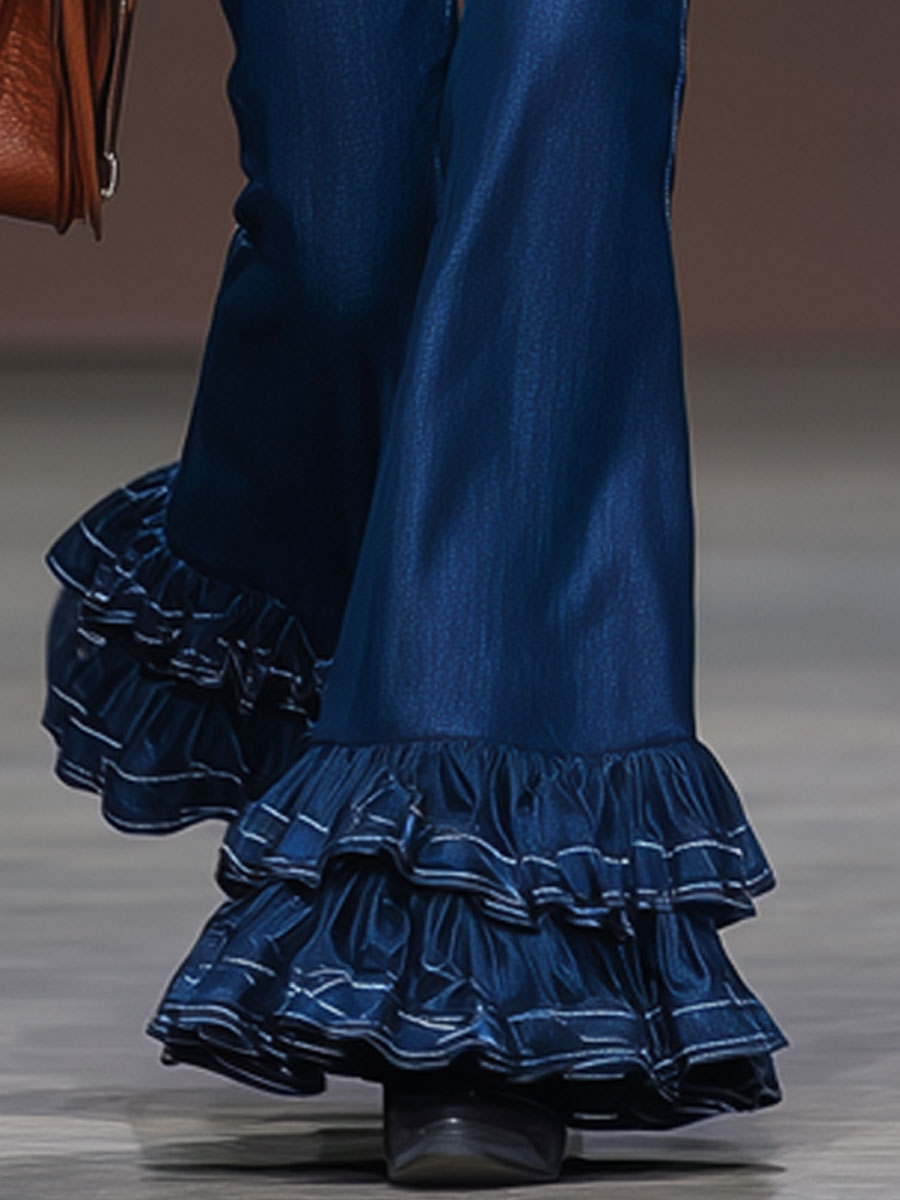 Stylish Retro Ruffled Dark Blue Flared Jeans