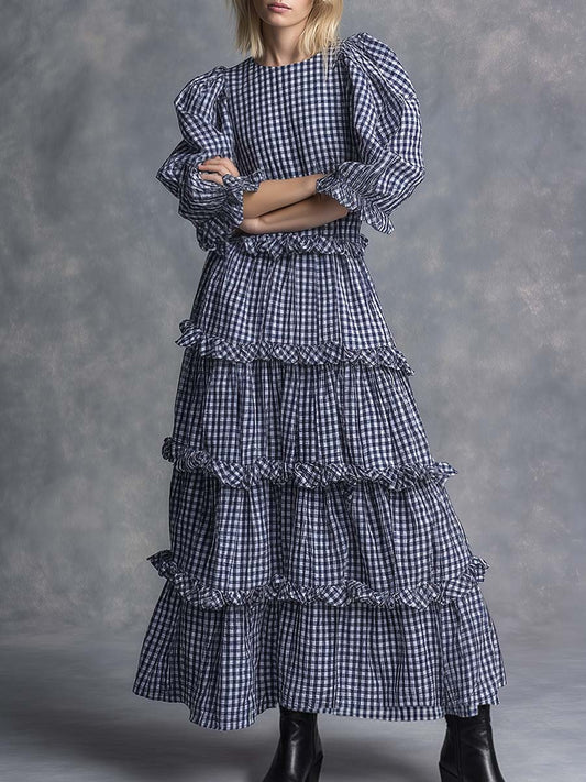 Western Countryside Round Neck Multi-layered Pleats Ruffled Hem Black And White Checkered Maxi Dress