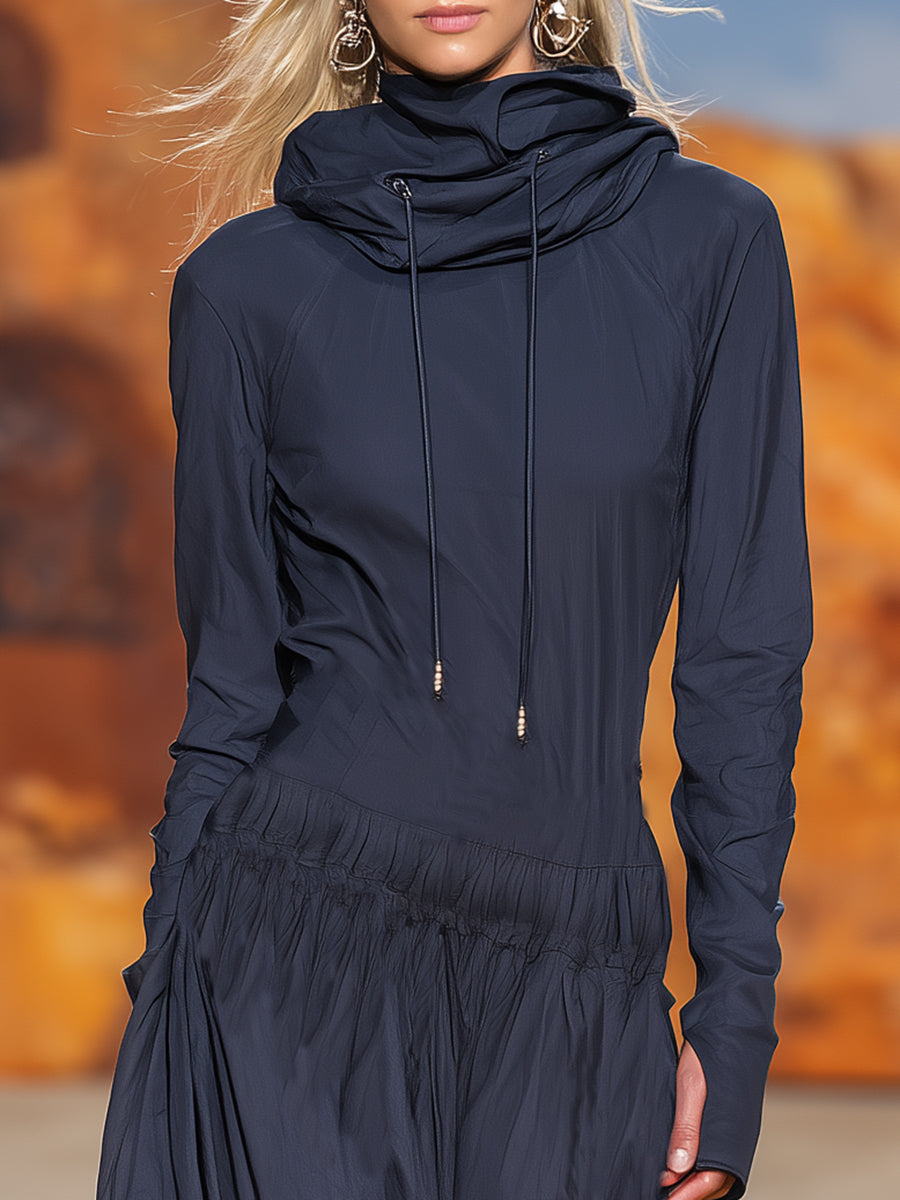 Casual Retro High-neck Dark Blue Hooded Sporty Maxi Dress