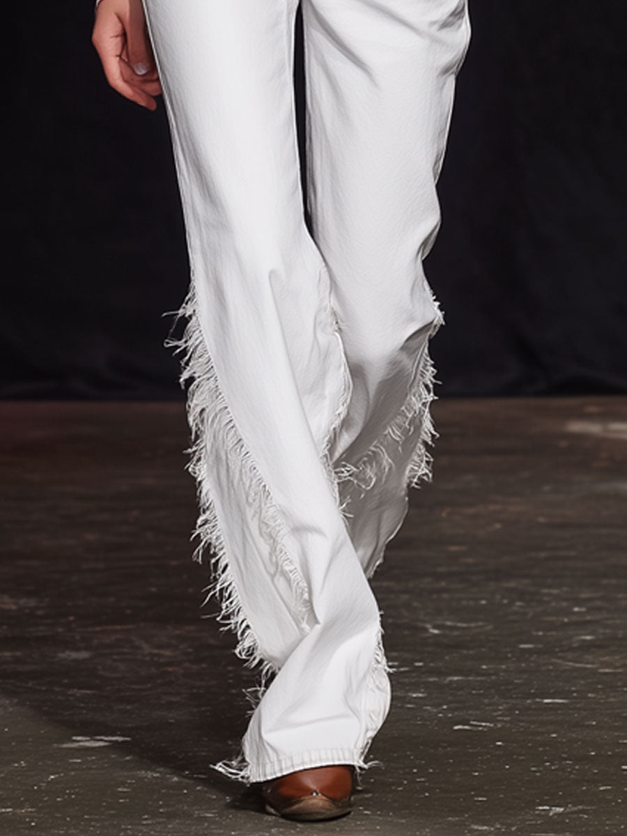 Stylish Retro Frayed White Flared Jeans