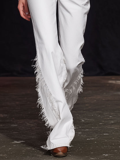 Stylish Retro Frayed White Flared Jeans