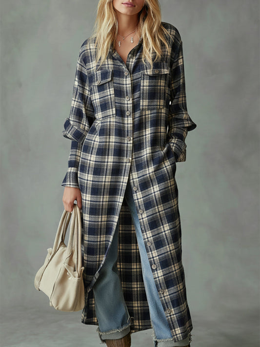 Casual Retro Collared Blue And Beige Plaid Maxi Dress