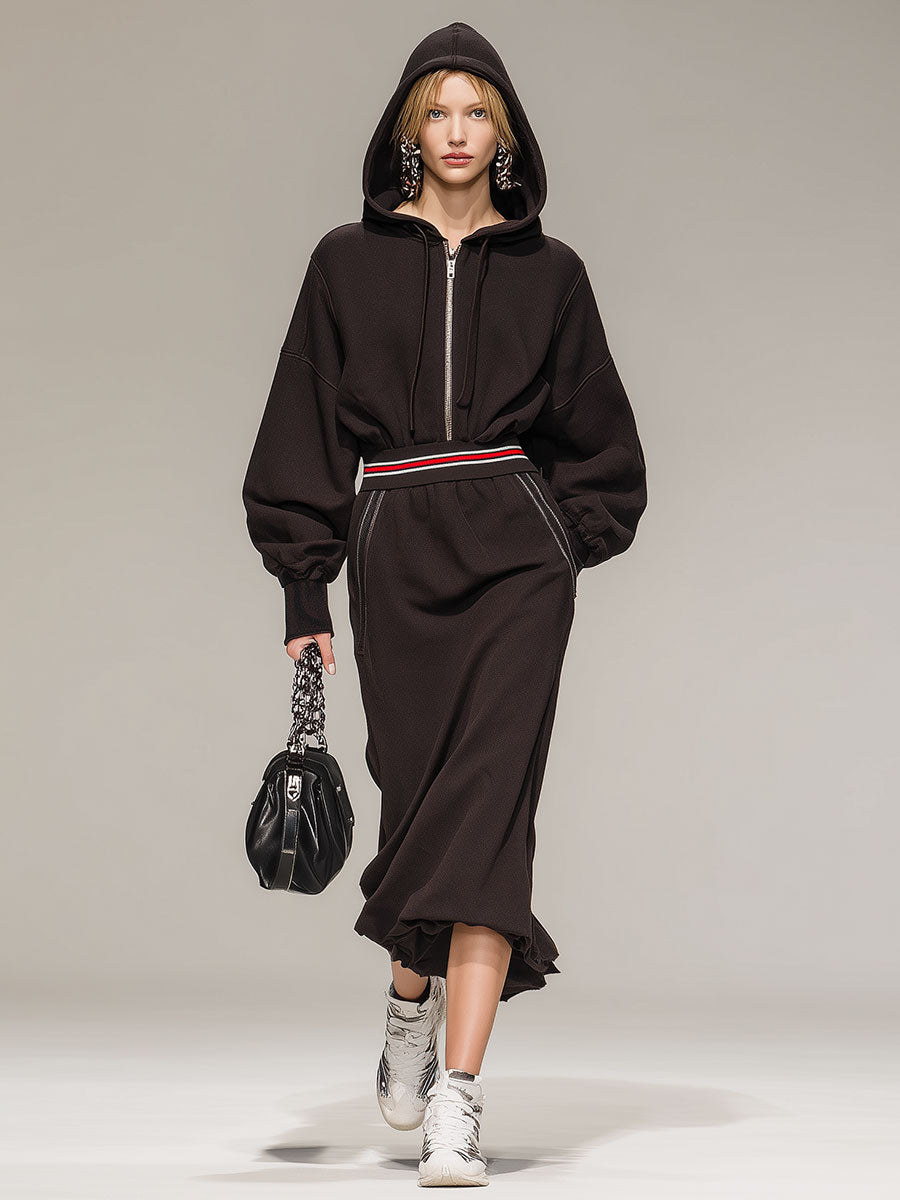 Stylish And Casual Brown Hooded Half-zip Cotton Midi Dress
