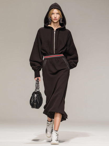 Stylish And Casual Brown Hooded Half-zip Cotton Midi Dress