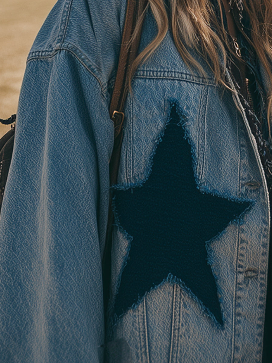 Trendy Western-style Star-patterned Frayed Denim Jacket