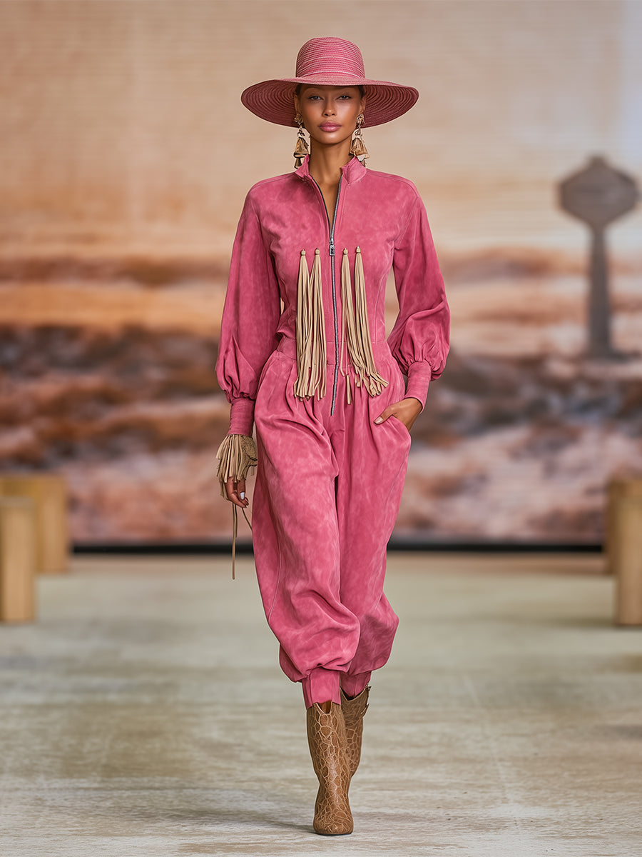 Trendy Urban Retro Bright Pink Stand-up Collar Front Zipper Faux Suede Jumpsuit