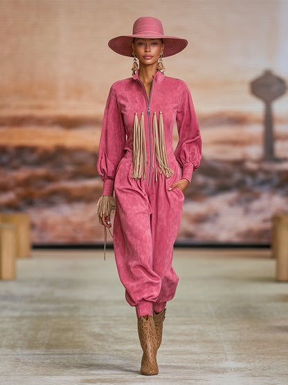 Trendy Urban Retro Bright Pink Stand-up Collar Front Zipper Faux Suede Jumpsuit