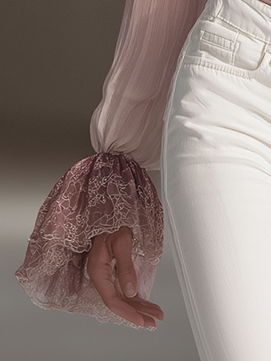 Stylish And Elegant Pink Gradient Lace Chiffon Shirt