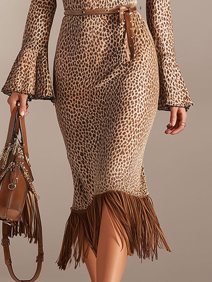 Western-style Vintage Fringed Brown Leopard Print Faux Suede Midi Dress