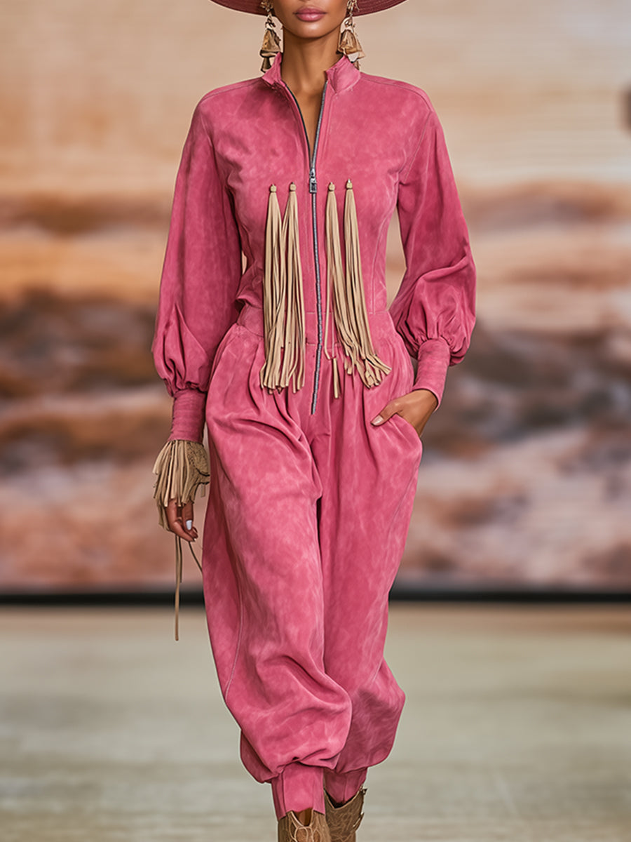 Trendy Urban Retro Bright Pink Stand-up Collar Front Zipper Faux Suede Jumpsuit