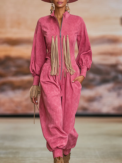 Trendy Urban Retro Bright Pink Stand-up Collar Front Zipper Faux Suede Jumpsuit