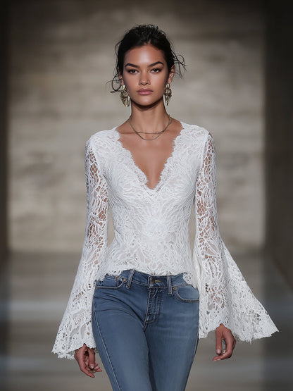 Stylish White Lace V-neck Bell Sleeve Top