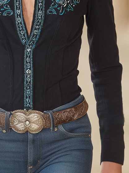 Western-style Black Faux Suede Collar Green Embroidered Shirt