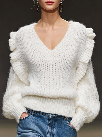 Casual Retro V-neck Ruffled Long White Knit Pullover Sweater