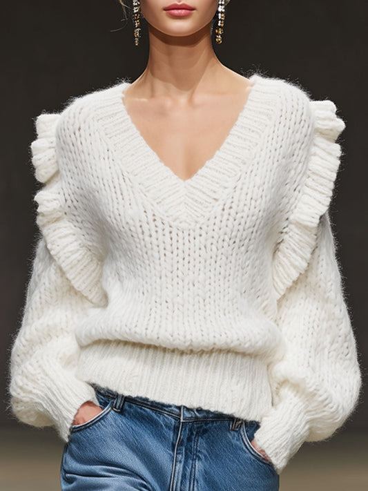 Casual Retro V-neck Ruffled Long White Knit Pullover Sweater