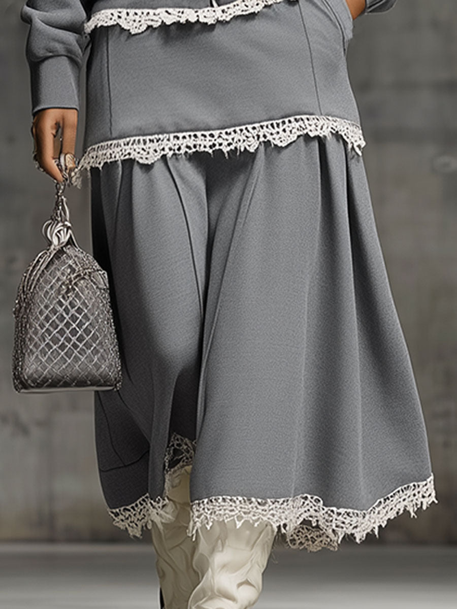 Casual Loose-fitting White Lace-trimmed Gray Sweatshirt And Skirt Set